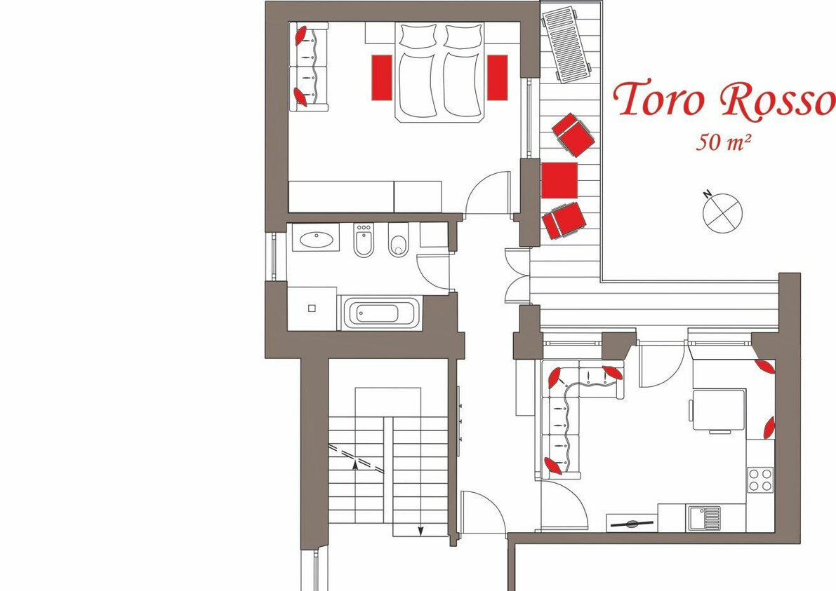 planimetry Toro Rosso - aparmtent for 2 - 4 people in the centre of Ortisei
