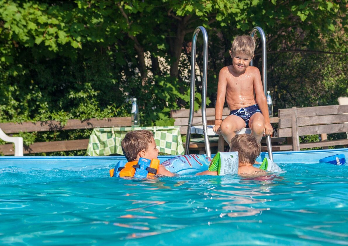 Outdoor-Pool mit Liegewiese im Hotel Alber, Vöran